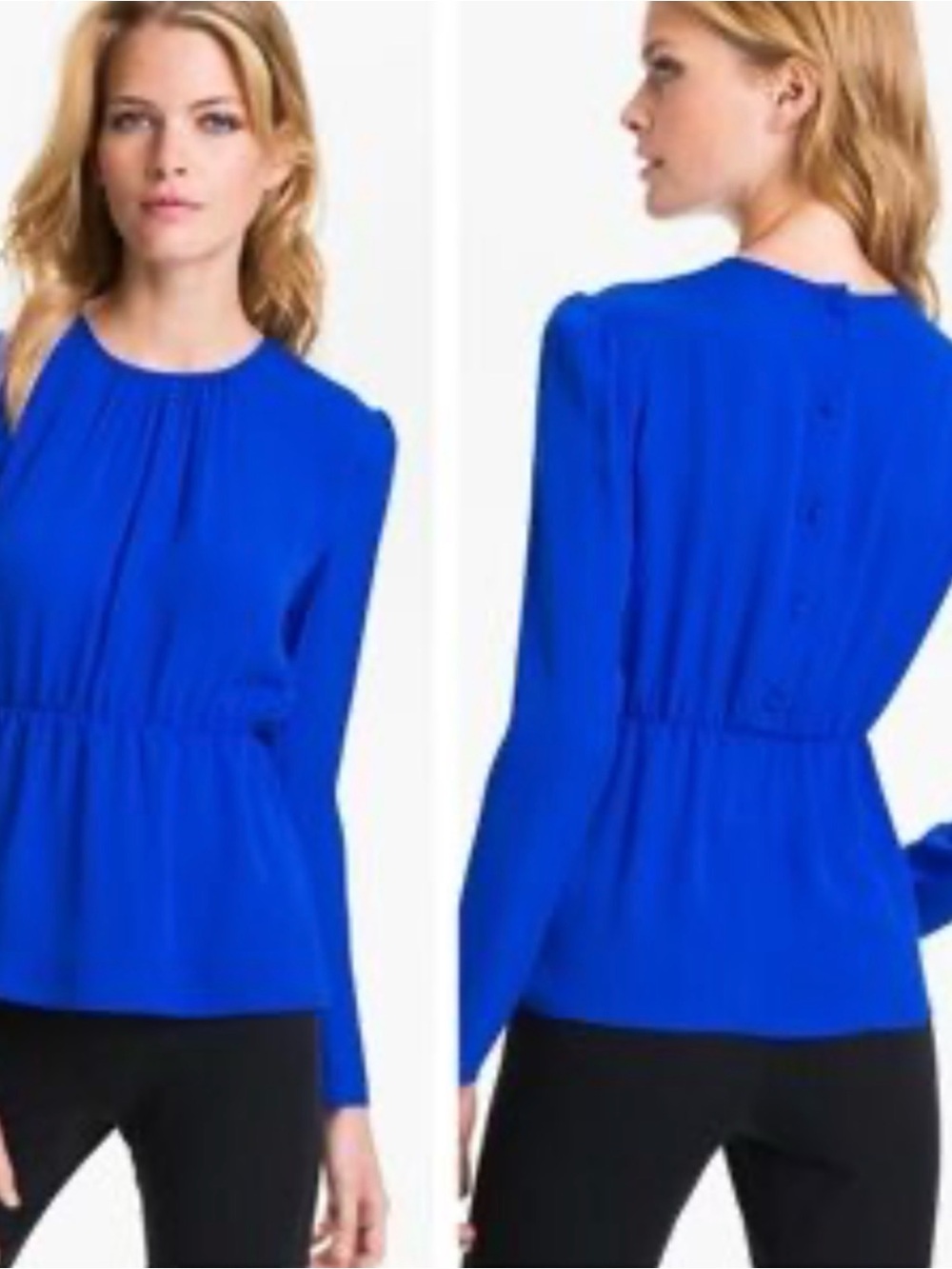 Theory Royal Blue Long-Sleeve Gathered Waist Blouse